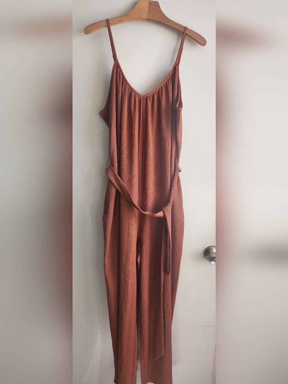 Women's Rust Sleeveless Wide Leg Jumpsuit with Lined Pockets and Belt